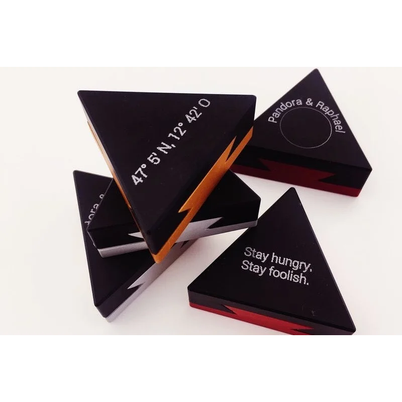 CRYPT3D, crypted is a mechanical puzzle dovetail triangle can be engraved with your personal message, business name, dates or coordinates