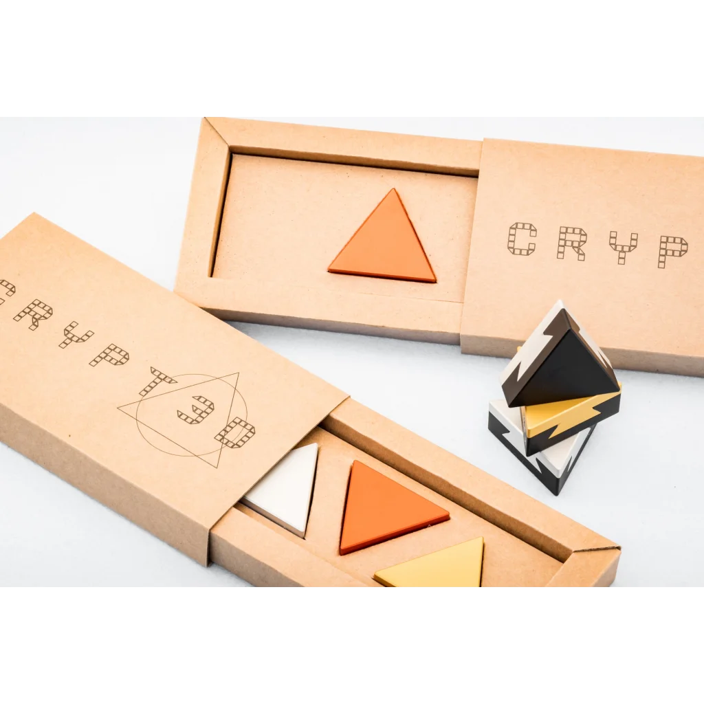 CRYPT3D, crypted is a mechanical puzzle dovetail triangle that comes in a stylish and sustainable carton box