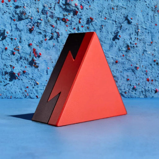 CRYPT3D, crypted is a mechanical puzzle dovetail triangle in fiery red and black that is even customizable