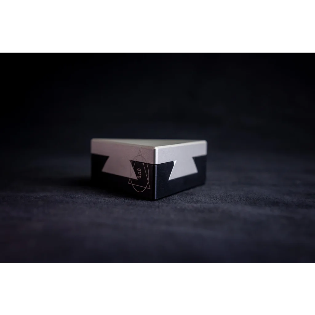 CRYPT3D, crypted is a mechanical puzzle dovetail triangle in sleek silver and the crypted logo 