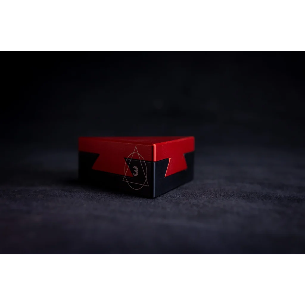 CRYPT3D, crypted is a mechanical puzzle dovetail triangle in fiery red and black bottom