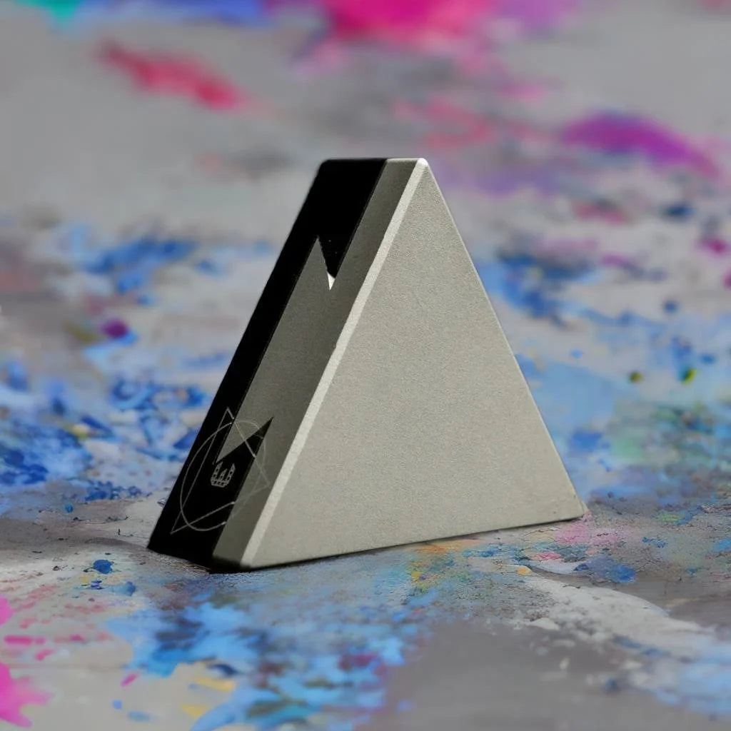 CRYPT3D, crypted is a mechanical puzzle dovetail triangle in sleek silver and black